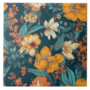 Blue, yellow and orange pretty floral ceramic tile