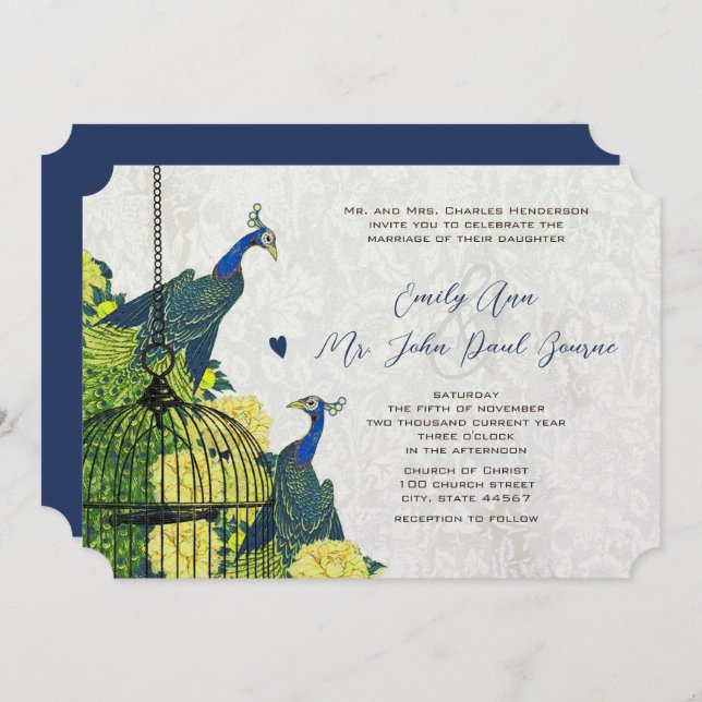 Blue Yellow and Silver Peacock Birdcage Invite (Front/Back)