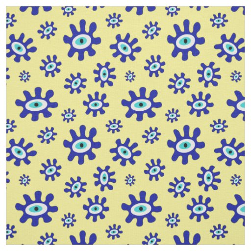 Blue, Yellow and White Abstract Eye Pattern Fabric
