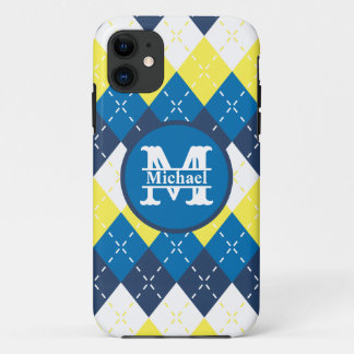 Blue, Yellow, and White Argyle Personalize iPhone 11 Case