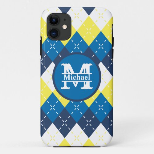 Blue Yellow and White Argyle Personalize iPhone 11 Case