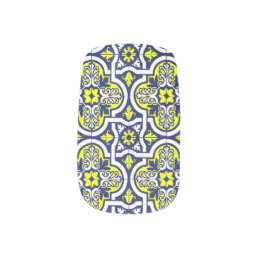 Blue Yellow and White Beautiful Tile Nail Art