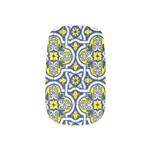 Blue Yellow and White Beautiful Tile Nail Art