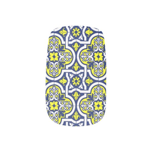 Blue Yellow and White Beautiful Tile Nail Art