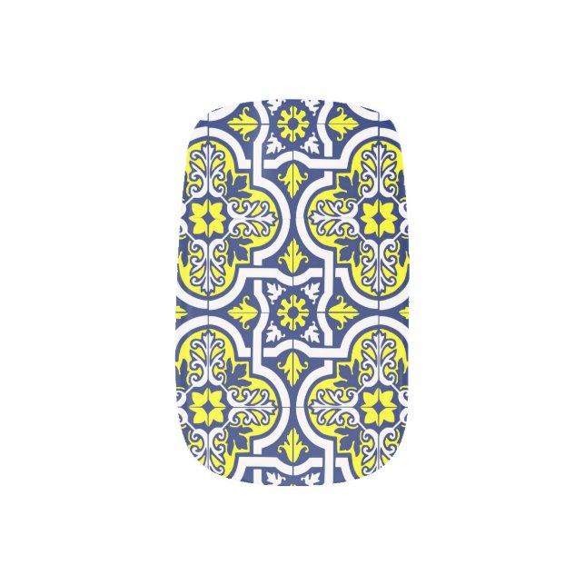Blue Yellow and White Beautiful Tile Nail Art (Left Thumb)