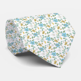 Blue yellow and white flowers on white background. neck tie