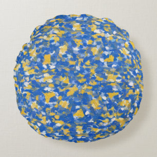 Blue, Yellow and White Paint Splashes Round Pillow