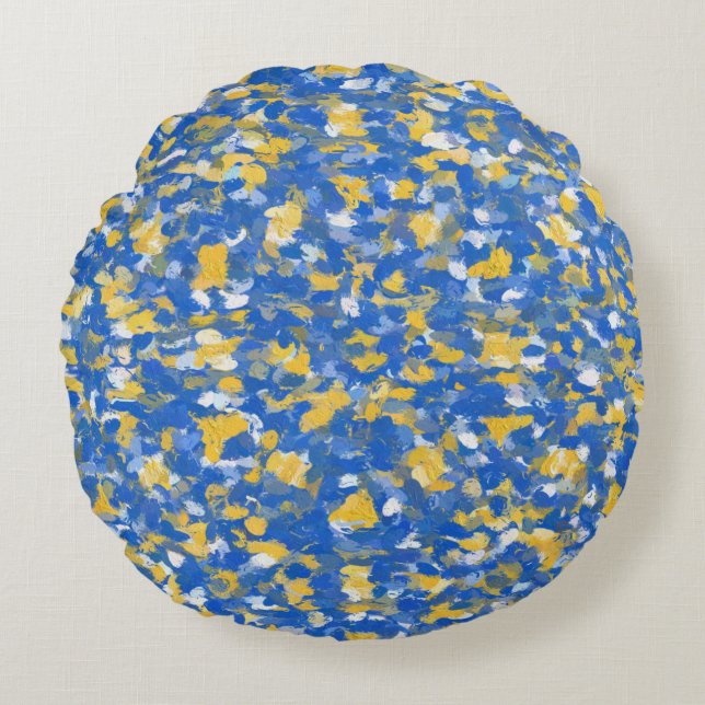 Blue, Yellow and White Paint Splashes  Round Pillow (Front)