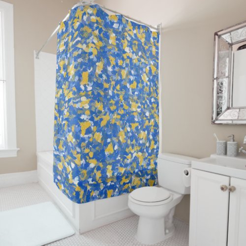 Blue Yellow and White Paint Splashes  Shower Curtain