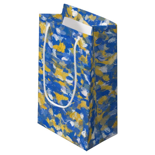Blue, Yellow and White Paint Splashes Small Gift Bag (Front Angled)