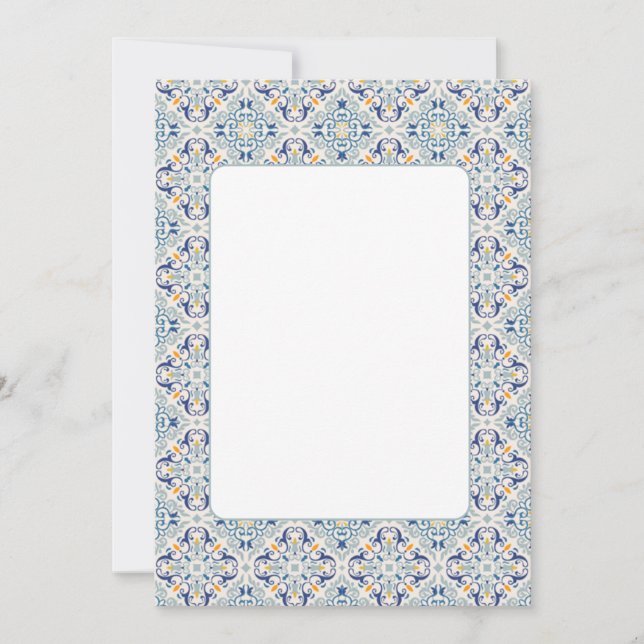 Blue, yellow and white tile border blank invitation (Front)