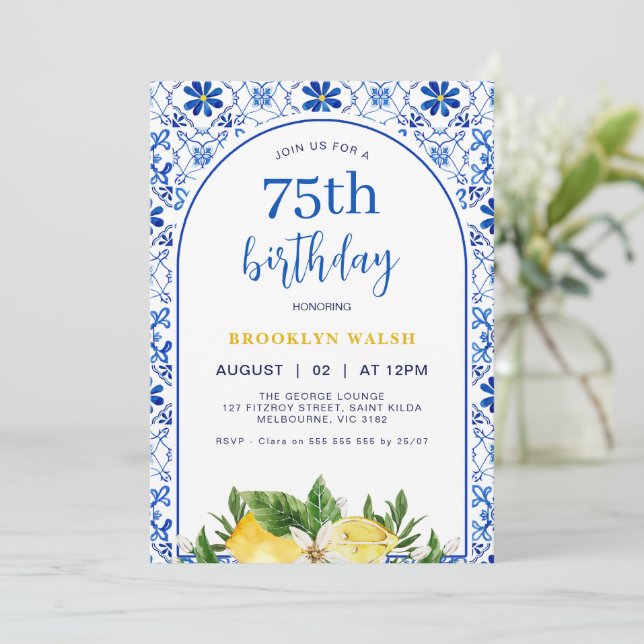 Blue Yellow Arch Lemon Birthday Invitation (Standing Front)