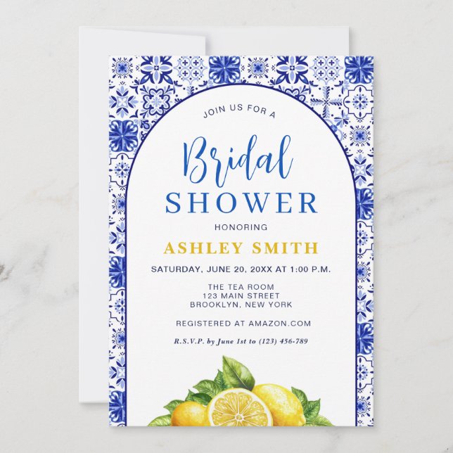 Blue Yellow Arch Lemon Mediterranean Bridal Shower Invitation (Front)