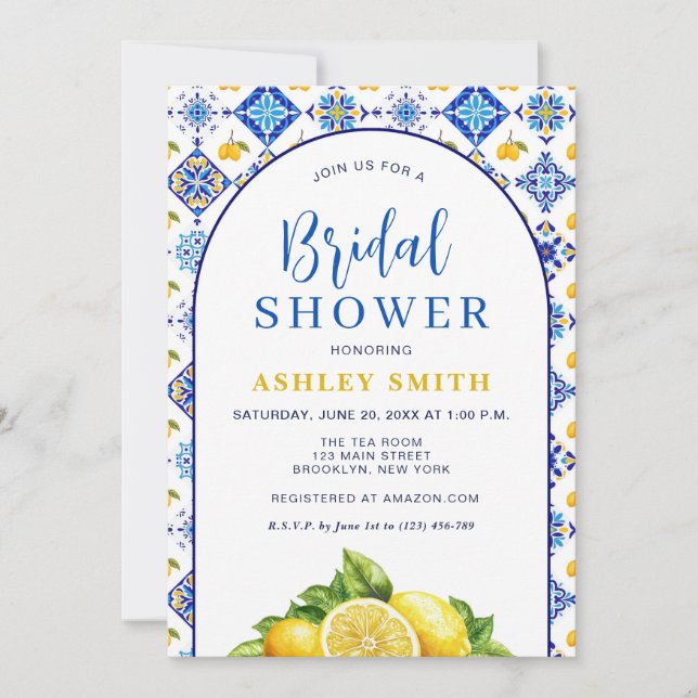 Blue Yellow Arch Lemon Mediterranean Bridal Shower Invitation (Front)