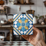 Blue Yellow Azulejo Mediterranean Floral Home Deco Ceramic Tile at Zazzle