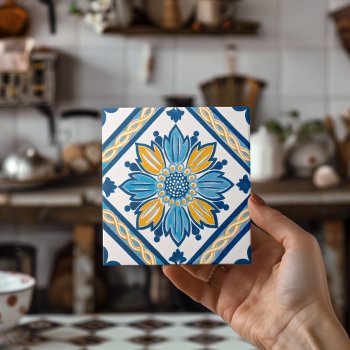 Blue Yellow Azulejo Mediterranean Floral Home Deco Ceramic Tile by wheresmymojo at Zazzle