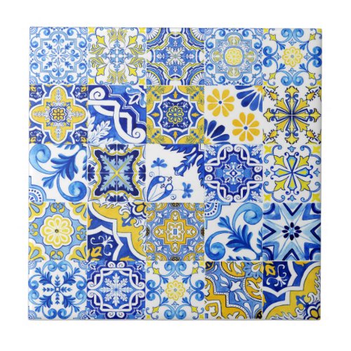 Blue  Yellow Azulejo Portuguese Majolica Mosaic Ceramic Tile