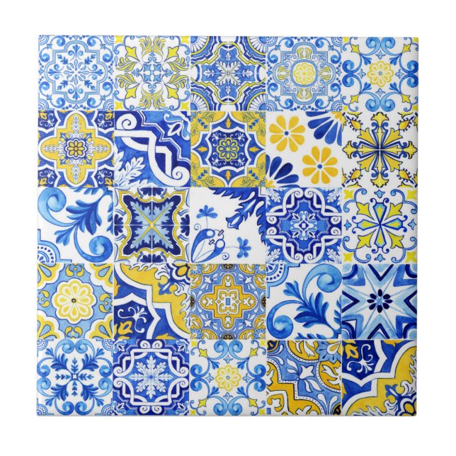 Blue & Yellow Azulejo Portuguese Majolica Mosaic Ceramic Tile (Front)