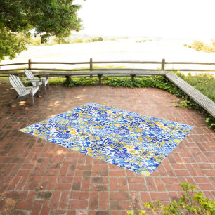 Blue & Yellow Azulejo Portuguese Majolica Mosaic Outdoor Rug