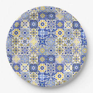 Blue & Yellow Azulejo Portuguese Majolica Mosaic Paper Plates