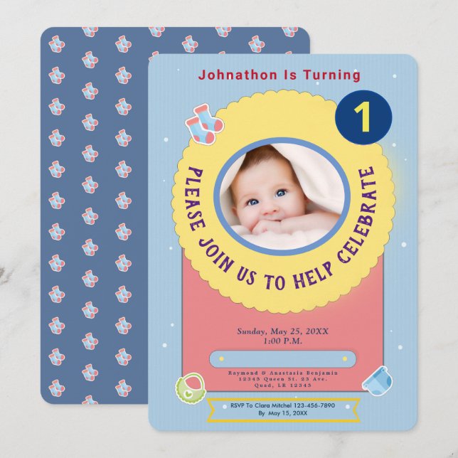 Blue Yellow Baby First Birthday Party Personalize Invitation (Front/Back)