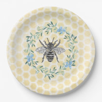 Blue yellow baby shower decor bee honeycomb floral paper plates