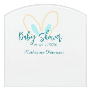Blue yellow baby shower name date animal ear cute door sign