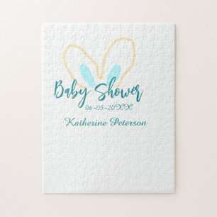 Blue yellow baby shower name date animal ear cute jigsaw puzzle