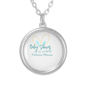 Blue yellow baby shower name date animal ear cute silver plated necklace