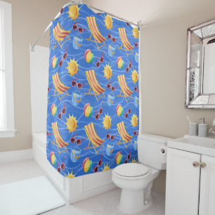 BLUE & YELLOW BEACH CHAIRS SUNGLASSES SUN TOYS SHOWER CURTAIN