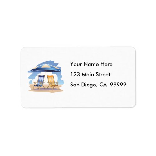 Blue & Yellow Beach Chairs & Umbrella Label