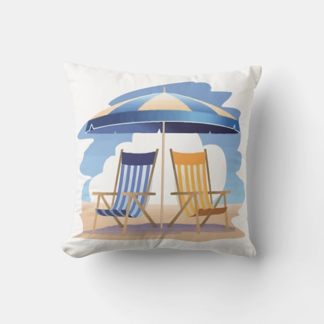Blue & Yellow Beach Chairs & Umbrella Throw Pillow (Front)