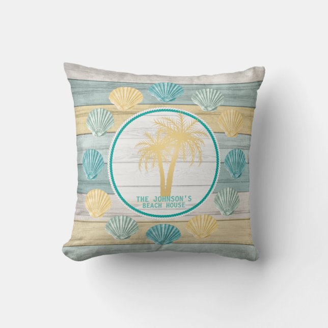 Blue & Yellow Beach Wood Seashells & Palm Trees Throw Pillow (Front)
