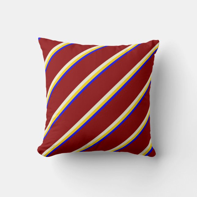 Blue, Yellow, Beige & Dark Red Lined Pattern Throw Pillow (Front)