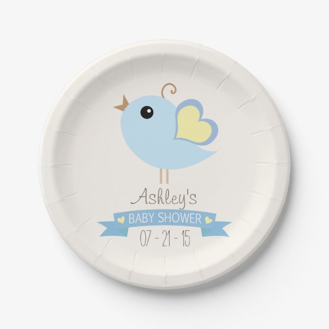 Blue & Yellow Bird Baby Shower Paper Plates (Front)