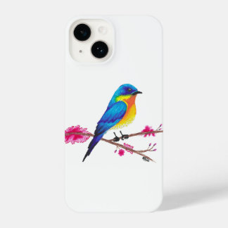 Blue & Yellow Bird with Pink Blossoms drawing iPhone 14 Case