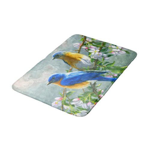 Blue Yellow Birds Cherry Blossom Tree Painting Bath Mat