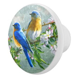 Blue Yellow Birds Cherry Blossom Tree Painting Ceramic Knob