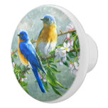 Blue Yellow Birds Cherry Blossom Tree Painting Ceramic Knob