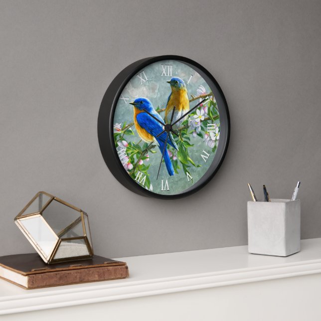Blue Yellow Birds Cherry Blossom Tree Painting Clock (Office)