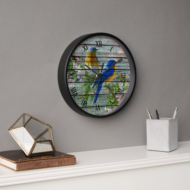 Blue Yellow Birds Cherry Blossom Tree Painting Clock (Office)