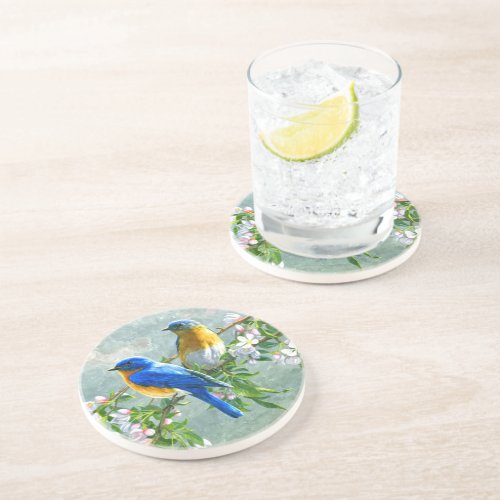 Blue Yellow Birds Cherry Blossom Tree Painting Coaster