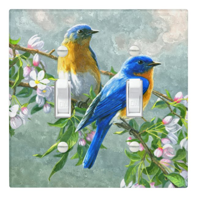 Blue Yellow Birds Cherry Blossom Tree Painting Light Switch Cover (In Situ)