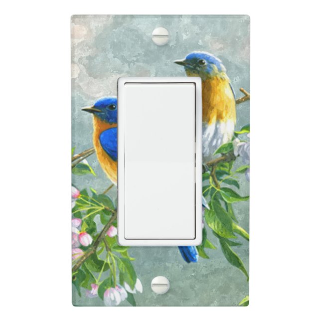 Blue Yellow Birds Cherry Blossom Tree Painting Light Switch Cover (In Situ)