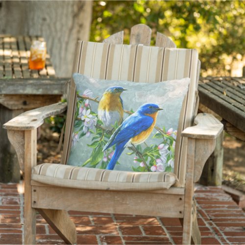 Blue Yellow Birds Cherry Blossom Tree Painting Outdoor Pillow