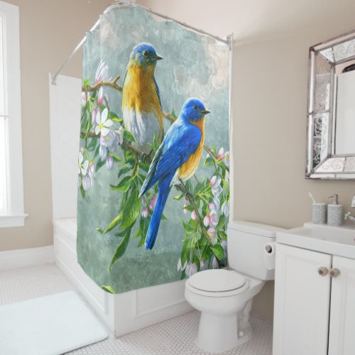 Blue Yellow Birds Cherry Blossom Tree Painting Shower Curtain