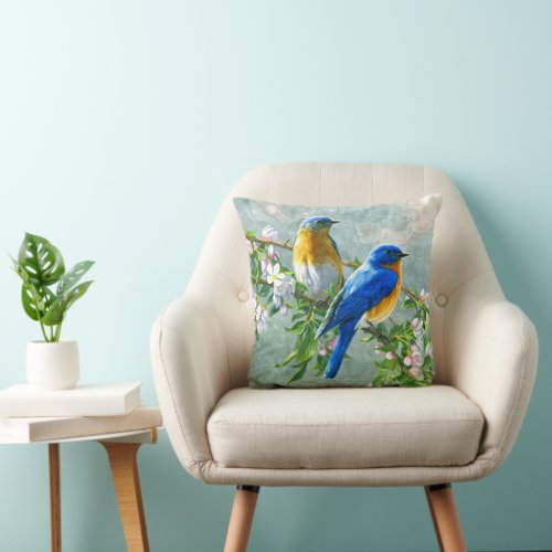 Blue Yellow Birds Cherry Blossom Tree Painting Throw Pillow
