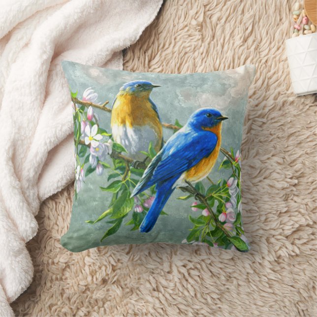 Blue Yellow Birds Cherry Blossom Tree Painting Throw Pillow (Blanket)