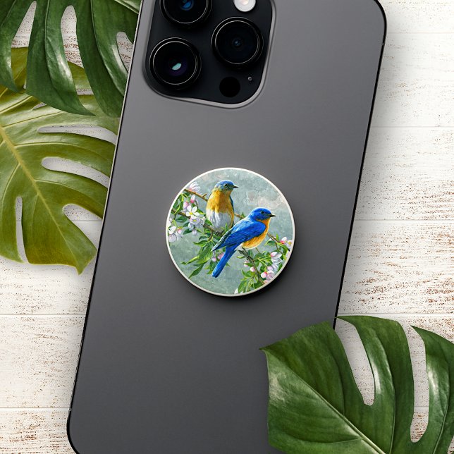 Blue Yellow Birds Cherry Blossom Tree Watercolor PopSocket (Creator Uploaded)