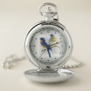 Blue &Yellow Birds Green Leaf Ring Blue/Gray Back~ Pocket Watch